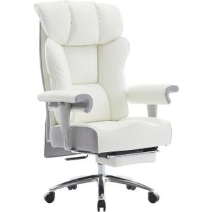 Efomao Big and Tall Office Chair 450LBS with Foot Rest, High Back PU Leather Executive Office Chair with Adjustable Padded Armrests, Lumbar Support for Home or Work, Heavy Duty Computer Chair, White