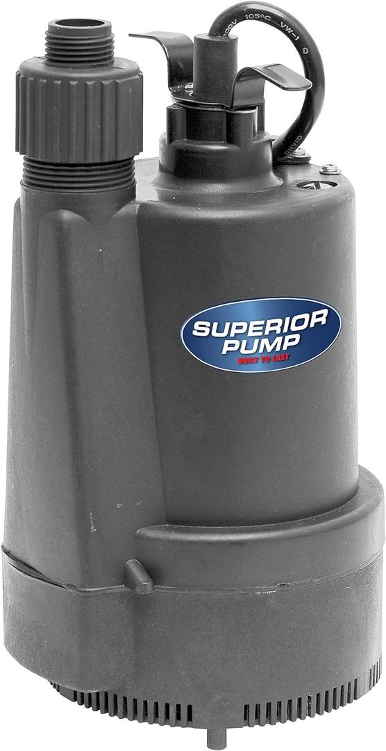 Superior Pump 91330 2400GPH Thermoplastic Submersible Utility Pump with 10-Foot Cord, 1/3 HP
