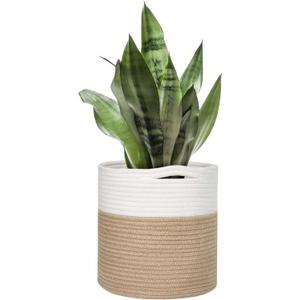11" Wicker Plant Basket, Jute Spliced Cotton Rope Woven Basket Planter for 10 inch Pot, Indoor Decorative Flower Pot Cover, Boho Bin for Artificial Trees, Small Round Bin for Decor (White and Jute)