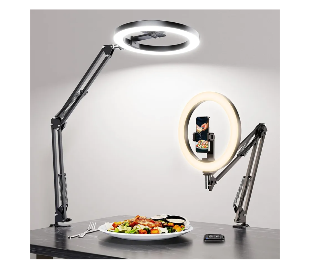 Overhead Phone Mount with Ring Light Phone Holder,10" LED Ring Light for Desk with Stand and Remote for iPhone,Phone Tripod with Light for Video Recording TikTok Live Stream Cooking Kitchen Vlogging