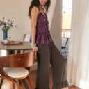 TARSE Womens Linen Casual Pants Flared Leg Wide Leg Drawstring Ruffle Harem Palazzo Pants with Pockets (Brown, XL)