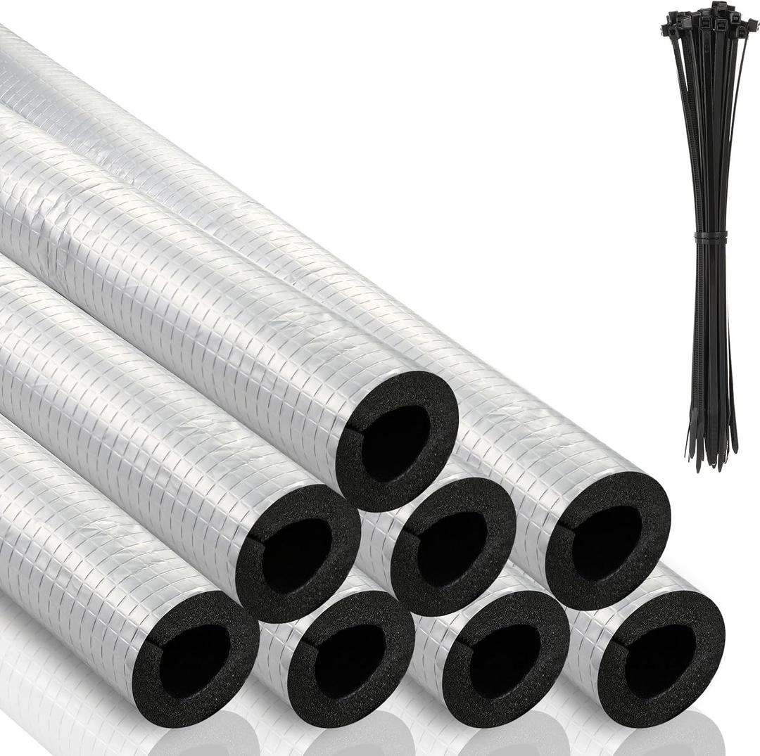 Tondiamo 8 Pcs 3 ft Pipe Insulation Foam Tube Self Adhesive Insulation Foam Wrap with Aluminum Foil Tape Water Tubing Cover for Outdoor Winter Irrigation, Spigot, Sprinkler Protection(1 Inch)