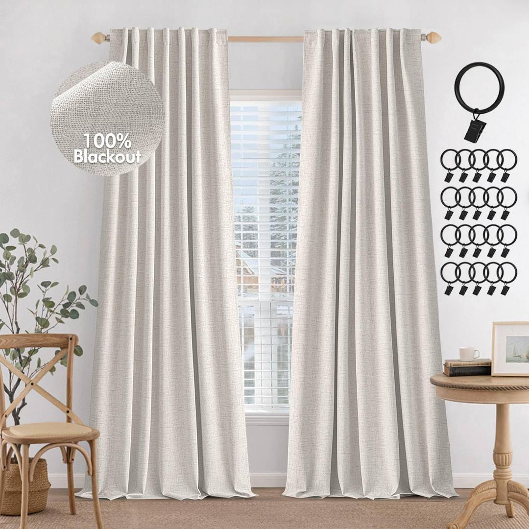 MIULEE 100% Blackout Curtains 90 inches Long Linen Curtains & Drapes for Bedroom Back Tab Living Room Darkening Full Black Out Window Curtain Panels Rod Pocket, Beige, 2 Panels Set