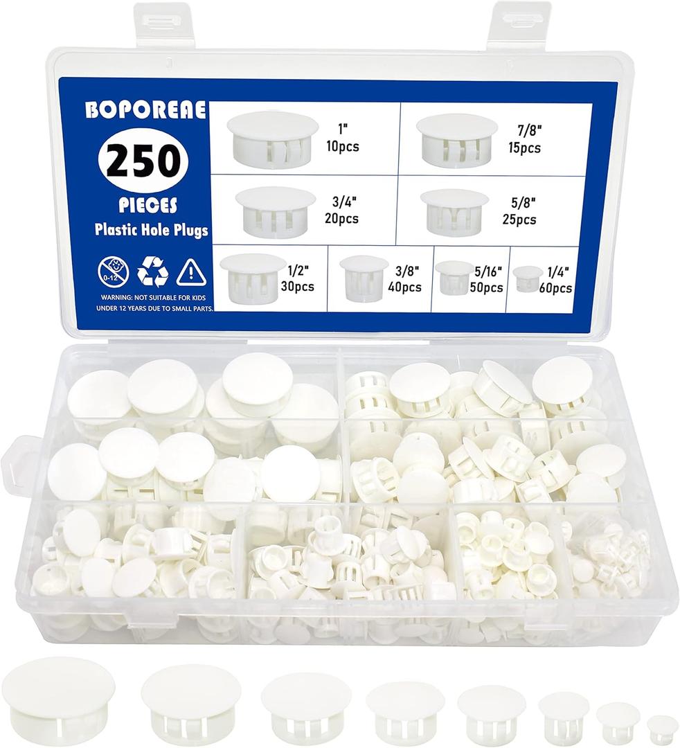 BOPOREAE 250 PCS 8 Sizes Nylon Plastic Hole Plugs White 1/4, 5/16, 3/8, 1/2, 5/8, 3/4, 7/8, 1 Inch Round Hole, Flush Type Panel Knockout Locking Plugs, Furniture Cabinet Pipe Insert End Covers Caps