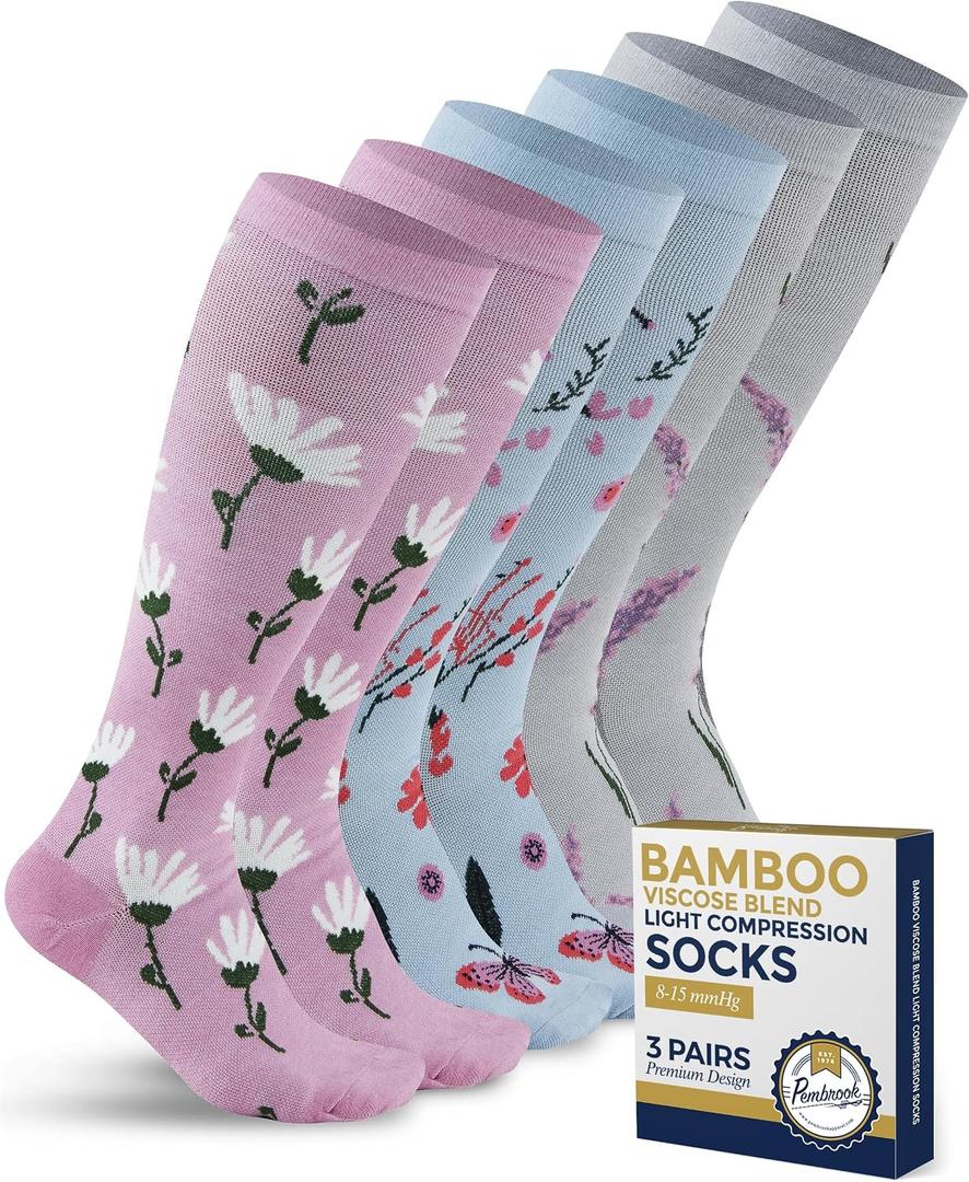 Pembrook Bamboo Viscose Light Compression Socks - 3 Pairs | 8-15 mmHg Compression Socks | Knee High Comfort Support Socks, Medium 