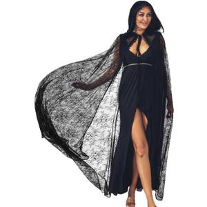 GORAIS Lace Hooded Cloak Long Womens Halloween Costumes Cape Full Length Sheer Cosplay Cloaks Robe (Black), One Size