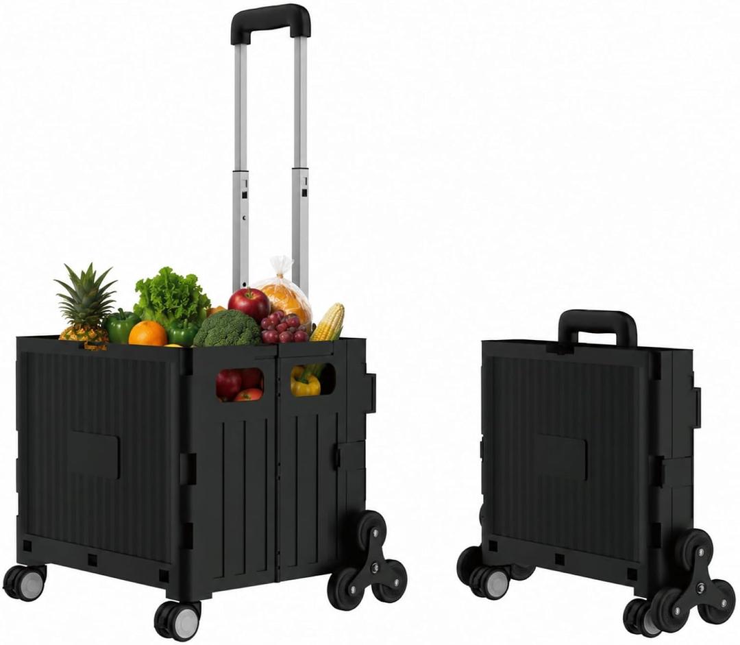 Foldable Shopping Cart: Plastic Stair Climbing Cart & Rolling Crate
Adjustable Handle, All-Terrain Wheels, Multipurpose Grocery Trolley for Teacher, Market, Office, Luggage, Laundry, Garden