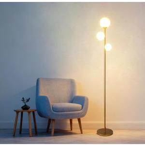 Fiqevs 3 Globe Mid Century Modern Floor Lamp for Living Room, Gold Standing Lamp with Frosted Glass Shade and 3x2700K Warm LED Bulbs, Vintage Retro Tall Lamps for Bedrooms, Office - Antique Brass
