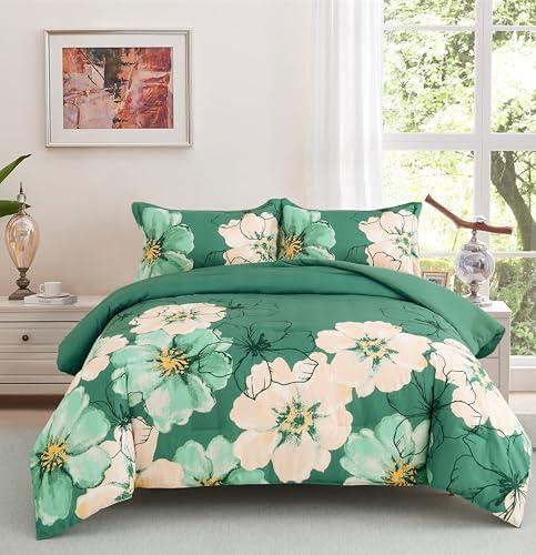 Menghomeus Green Floral Comforter Set King Size Soft Lightweight Comforter Bedding Sets for All Seasons, 3 Pieces, 1 Reversible Watercolor Flowers Comforter and 2 Pillow Shams (Green, 104" x 90")
