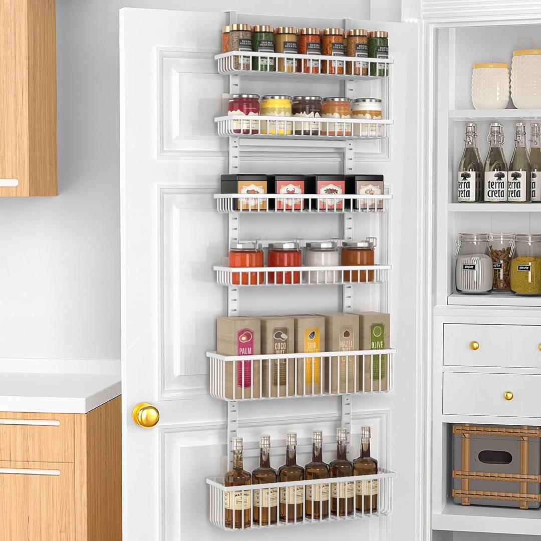 Moforoco 6-Tier Over The Door Pantry Organizer, Pantry Organization and Storage, Black Hanging Basket Wall Spice Rack Seasoning Shelves, Home & Kitchen Laundry Room Bathroom Essentials accessories (White)