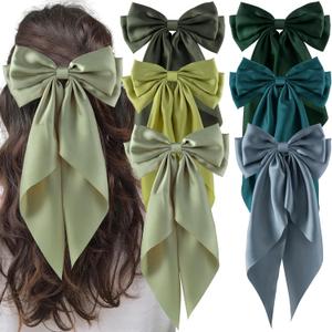 6Pcs Large Bows Hair Clips for Women Girls Long Tail Hair Ribbon Silky Satin Barrettes Coquette Hair Bows Accessories (Green/Olive Green)