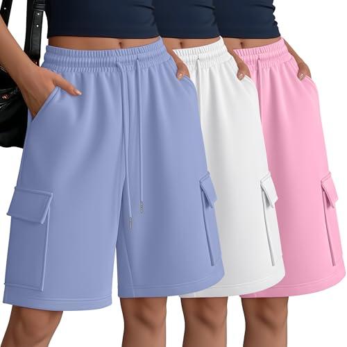 JoyMotion 3 Pack Women Bermuda Shorts 9'' Cargo Oversized Long Jersey Drawstring Knee Loose Baggy Workout Sweat Shorts Pocket(Pink, White, Blue,Medium)