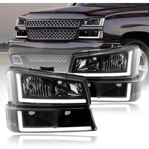 LED DRL Headlights Assembly Compatible with 2003-2006 Chevy Silverado/2003-2006 Avalanche without Factory Cladding Replacements Clear Reflector Black Housing