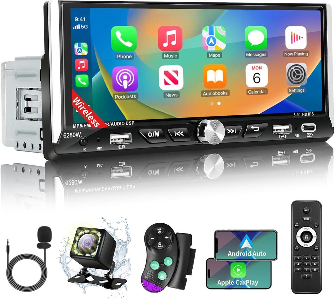 Single Din Touchscreen Car Stereo with Wireless Apple Carplay Android Auto, 6.9" HD IPS Touch Screen Car Stereo with Bluetooth 5.2, Mirror Link, Backup Camera Navigation Dual USB & Charge FM AM EQ SWC