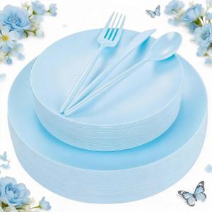 EI 150pcs Blue Plastic Plates Disposable Light Blue Baby Shower Plates Heavy Duty Dinnerware Set Plastic Silverware for Party,Wedding,Easter,Spring Afternoon Tea