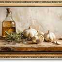 Gold Framed Kitchen Wall Art Vintage Wall Decor, Rustic Rustic Garlic and Herbs Canvas Paint, Neutral Cottage Aesthetic Pictures for Farmhouse Dining Room Shelf 16x24 Inch