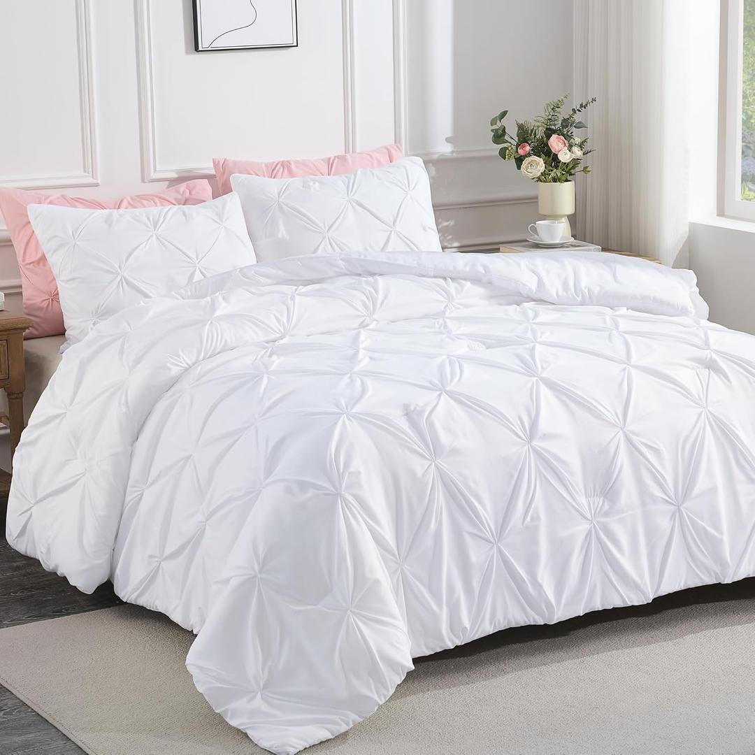 Andency White Queen Comforter Set(90x90Inch), 3 Pieces Cute Pinch Pleat Bedding Comforters & Sets for Queen Bed, Soft Lightweight Fluffy Down Alternative All Season Bed Set