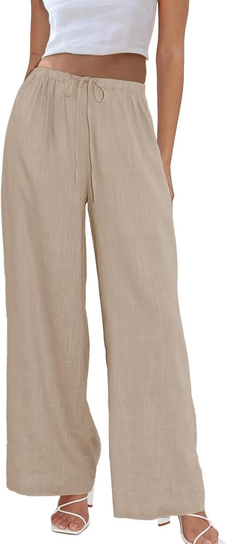 Duyang Womens Cotton Linen Palazzo Pants Drawstring Elastic Waist Casual Wide Leg Trousers with Pockets (XS)