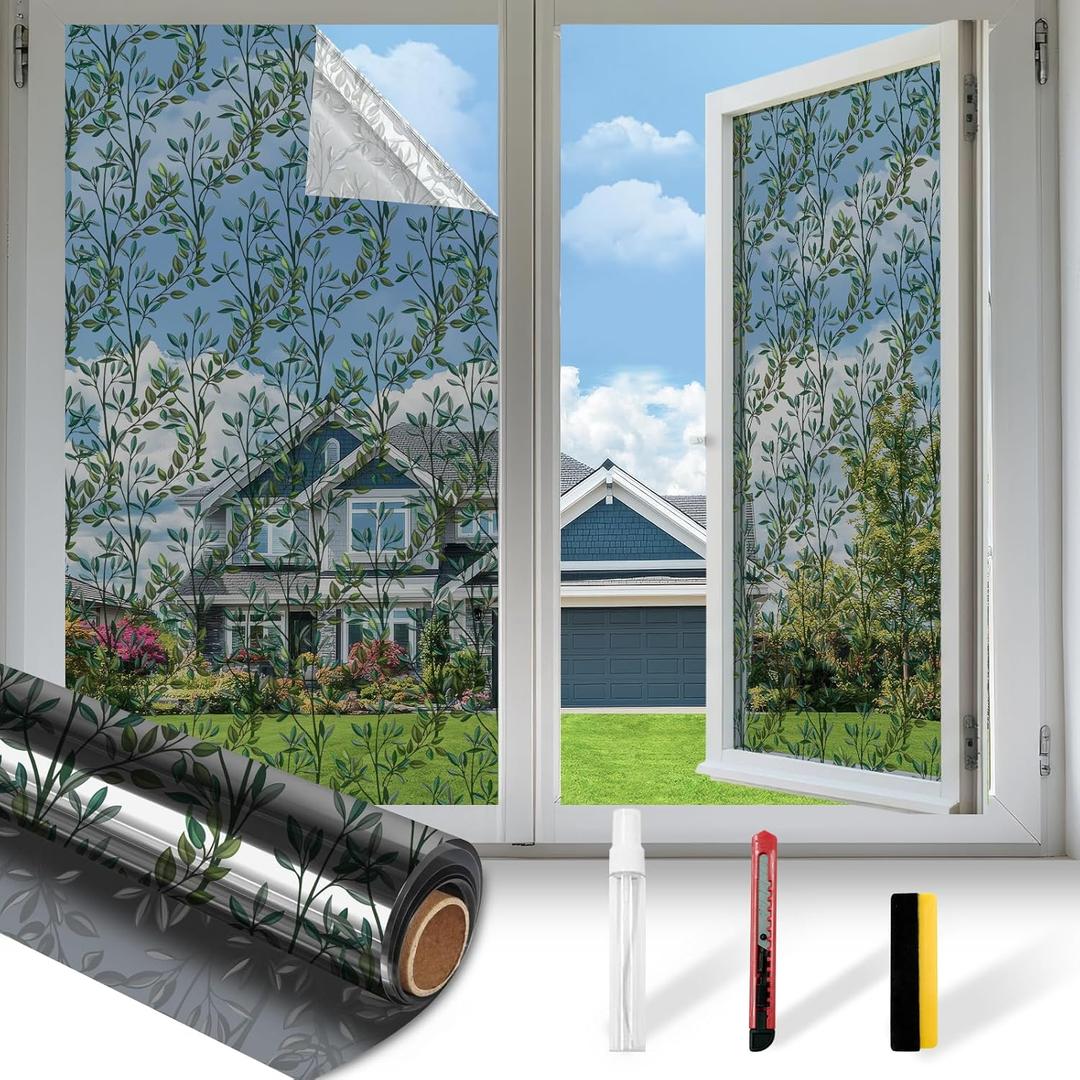 Upgraded Window Privacy Film One Way Daytime Privacy Static Cling Sun Blocking Anti UV Reflective Window Tint for Home and Office (Black - SilverLeaves, 45.27 X 157.4 in)