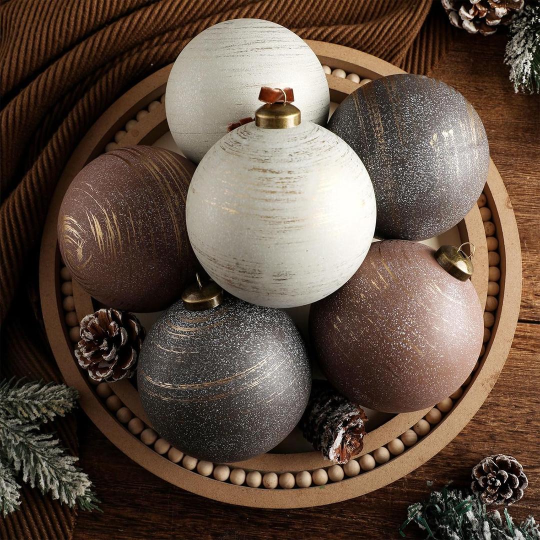 6 Pcs 4 Inch Neutral Christmas Ball Ornaments with Velvet Ribbon Large Rustic Textured Copper Brown Ivory White Ornaments Antique Farmhouse Modern Christmas Decor for Tree Indoor Outdoor