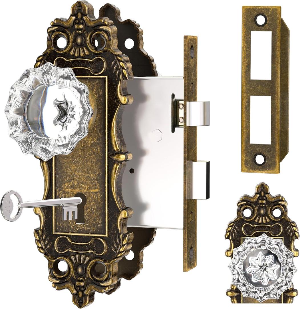 Antique Door Knobs Interior Mortise Lock Bronze Door Knob Crystal Glass Door Handle Skeleton Key Vintage Door Locks for Bedrooms Bathroom