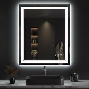 Lighted Mirror, 30x36 Inch Gradient Front and Backlit LED Mirror, 3 Colors Dimmable CRI>90 Double Lights, IP54 Enhanced Anti-Fog, Hanging Plates Wall Mount LED Bathroom Mirror