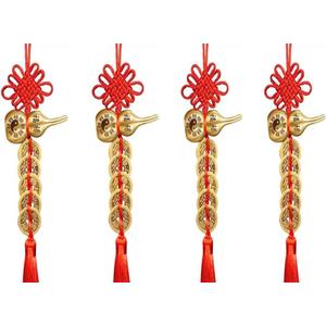 4pcs Fu Lu Pure Copper Gourd Pure Copper Five Emperor Money China Knot Door to Door Pendant Tassel Gift to Loved One, Friend Pendant Housewarming New Home Transfer Festival (Small, Red -Chinese Fortune Knots)