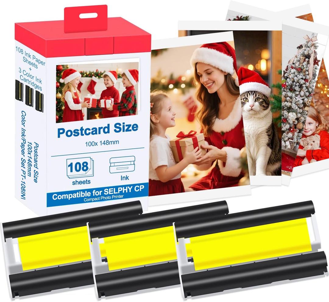 Compatible with Canon Selphy CP1500 CP1300 CP1200 Ink and Paper KP-108IN 3 Color Ink Cartridges and 108 Sheets 4 x 6 Photo Paper Glossy for Canon Selphy Series Photo Printers(Water Oxidation-Proof)