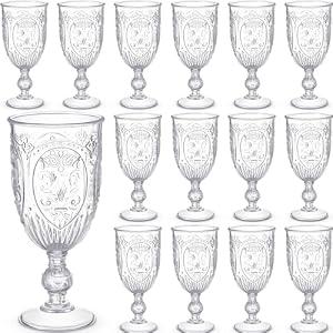 24 Pcs Vintage Wine Goblet Colored Water Goblets 7.5oz Plastic Wine Glasses Retro Embossed Glassware Water Goblets for Wine Bar Juice Baby Shower Wedding Reception Grand Event Party (Clear)