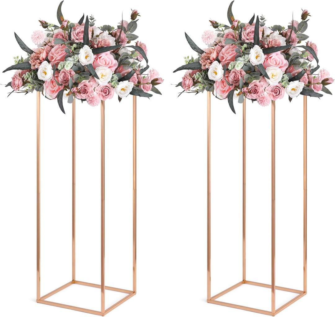 Gold Wedding Flower Stands, Set of 2 Metal Vases Column Geometric Wedding Table Display Centerpieces 31 inches Tall Floral Decoration Holders for Wedding Party Decor