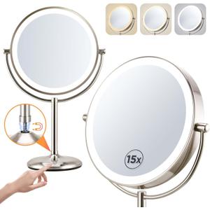 15X Lighted Makeup Mirror: 9 inch Magnifying Mirror with Lights, Make Up Mirrors Stand Up Double Sided, Rechargeable 3 Color Dimmable, Brushed Nickel