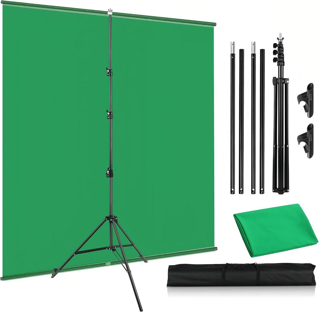 2-in-1 Green Backdrop Stand Kit, I-Frame Design - 8'(H) x 5'(W) Portable Photography Background Stand with 6.5 'x 5' Green Backdrop & Carry Bag for Video Streaming, Zoom Meetings, Parties