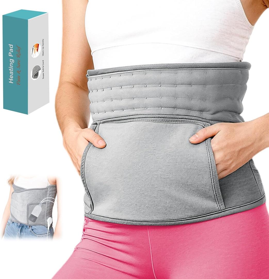 Extended Electric Heating Pad Belt Wrap for Period Cramps Abdomen Waist Lower Back Neck Shoulders Leg Arms Pain Relax with 3 Meters Power Cord Timer Temperature Settings Auto Shut Off Mom Dad Gift, Grey