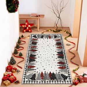 Artoid Mode Watercolor Buffalo Plaid Xmas Tree Merry Christmas Area Rug, Winter Home Decor Low-Profile Washable Area Rugs for Entryway Bedroom Bathroom Laundry Room Office Indoor 3x5 Feet (Black/White)