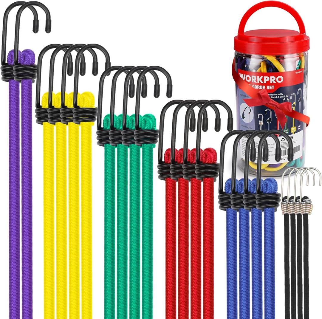 WORKPRO Bungee Cords Heavy Duty Outdoor - 22 PCS Bungee Cords with Hooks in a Storage Jar Includes 10", 18", 24", 30", 36", 48" Bungie Cord Bundle Assortment with Metal Hook (Multicolor)