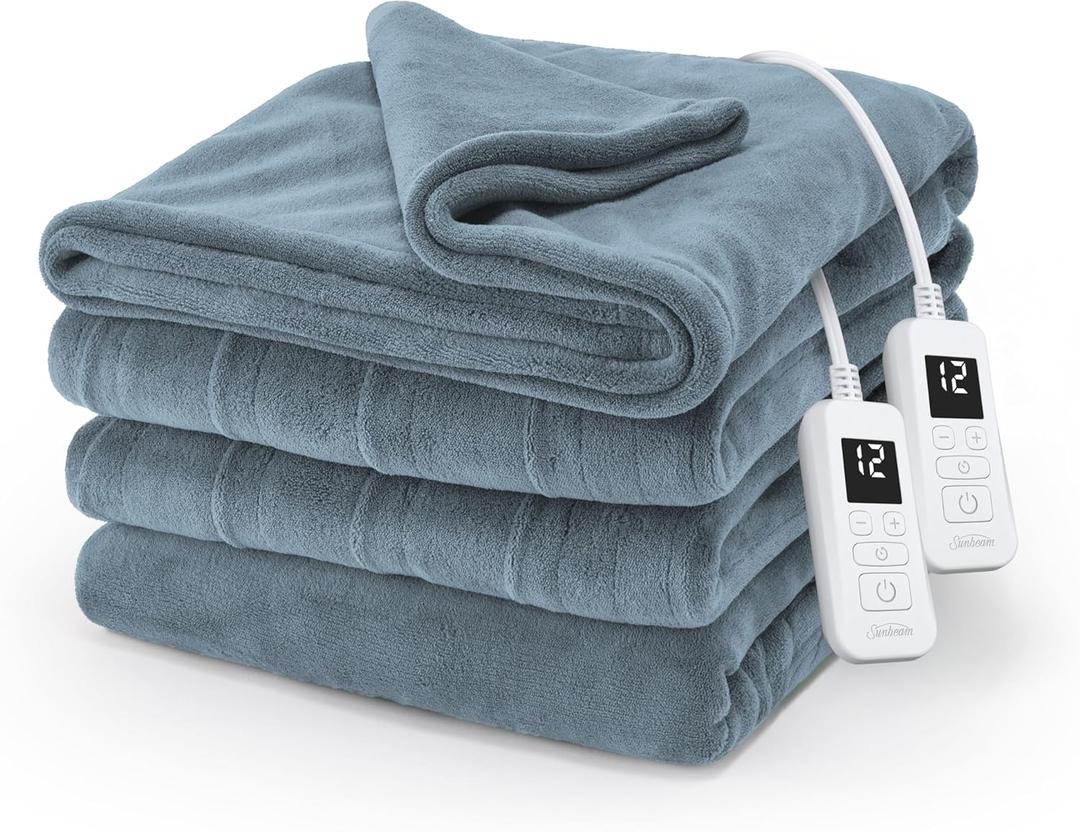 Sunbeam Electric Royal Luxe Microplush Heated Blanket, 12 Heat Settings, 12-Hour Auto Shut-Off, Fast Heating, Warm and Cozy, Cadet Blue Color, King (90" x 100")