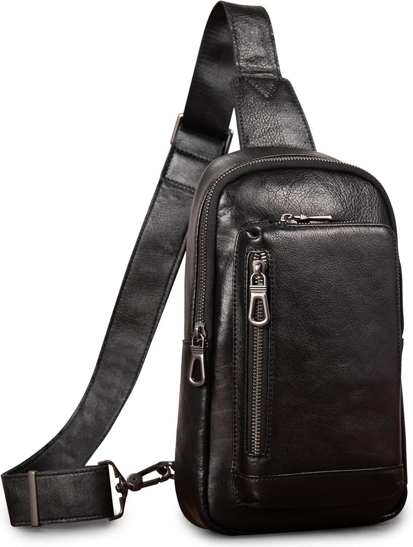 Genuine Leather Sling Bag for Men and Women Crossbody Shoulder Purse Chest Sling Backpack Carry on Casual Daypack (Black)