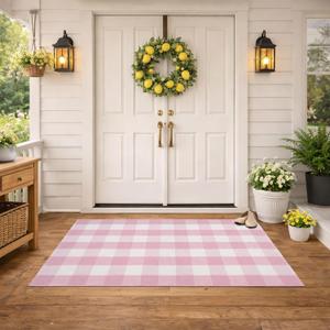 Spring Pink and White Plaid Rug, 3' x 5' Cotton Blend Layered Doormat Rug for Front Door, Hand-Woven Washable Entryway & Porch Decor