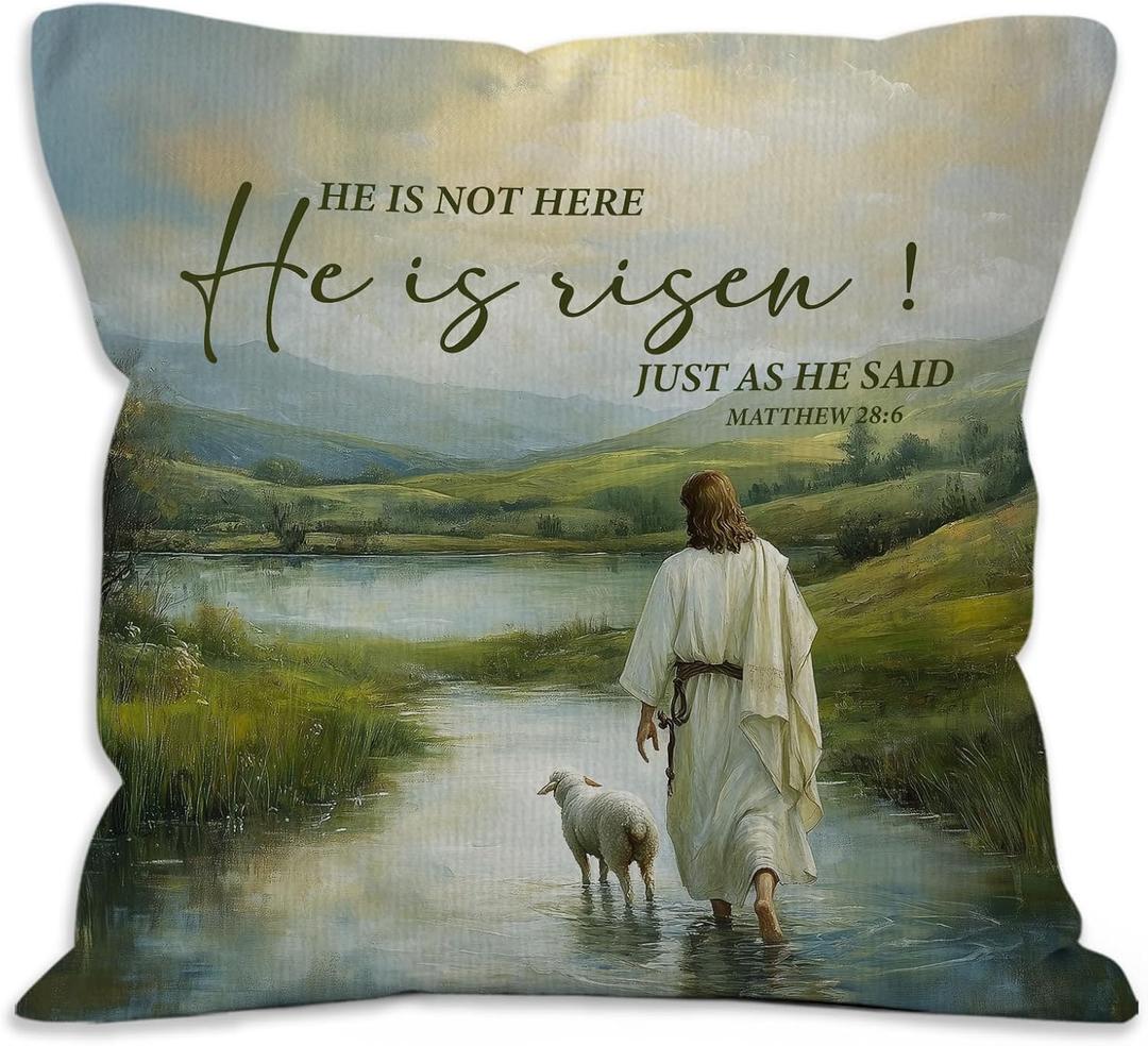 He is Risen Easter Throw Pillow Covers - Christian Religious Easter Lamb Decor, Jesus Walking on Water Decorations Pillow Covers for Home Bedroom Couch
