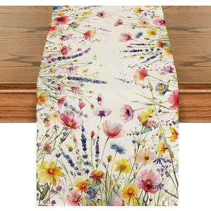 Artoid Mode Daisy Lavender Floral Leaves Spring Table Runner, Summer Kitchen Dining Table Decoration for Home Party Decor 13x72 Inch