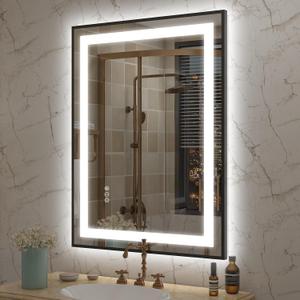 OKPAL 24x32 LED Bathroom Mirror with Black Frame, Lighted Mirrors for Bathroom Wall, Frontlit & Backlit LED Bathroom Vanity Mirror, Anti-Fog, Dimmable, Shatterproof, ETL Listed