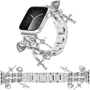 Stylish Metal Bands Compatible with Apple Watch Band 49/46/45/44/42mm 41/40/38mm Women,Cuban Chain Band with Cute Pendants Love Cross Charms Strap for iWatch Series 10 9 8 7 6 5 4 3 2 SE Ultra 2 Size: 44/45/46/49/42MM(Series3 2 1)