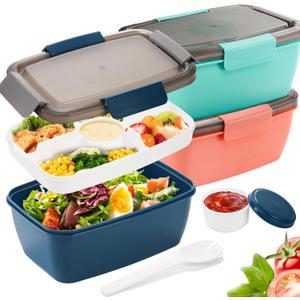 Youeon 3 Pcs 68 Oz Salad Lunch Container with 4 Compartment Tray, Bento Lunch Box with Spoon & Dressing Cup, Leakproof Salad Container for Lunch, Toppings, Snacks, Fruits, BPA-Free