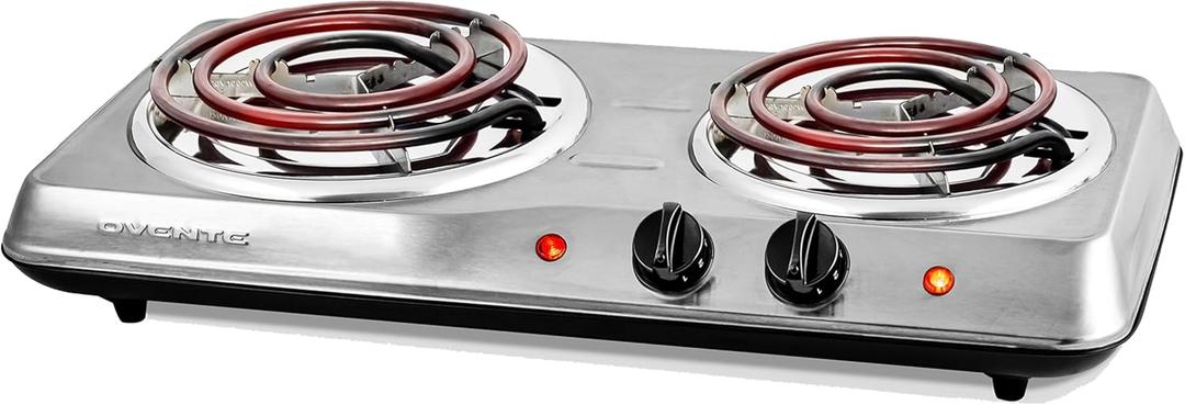 OVENTE Electric Countertop Double Burner, 1700W Cooktop with 6" and 5.75" Stainless Steel Coil Hot Plates, 5 Level Temperature Control, Indicator Lights and Easy to Clean Cooking Stove, Silver BGC102S