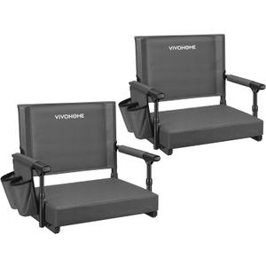 VIVOHOME Stadium Seats with Back Support and Cushion, 2 Pack Portable Bleacher Chairs with Cup Holder and Shoulder Strap (Grey)
