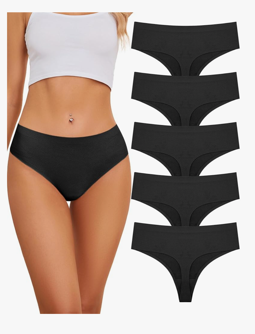 voenxe Seamless Women Underwear Thongs,High Waisted No Show Ladies Panties,Breathable Comfortable Hi Rise Cut Undies,5-Pack Black M