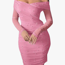 Milumia Women's Pearl Off Shoulder Long Sleeve Dress Ruched Mesh Bodycon Mini Dresses (size is approximately small or medium)