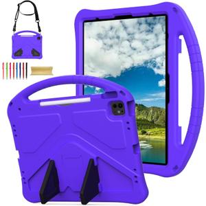 Kids Case for Apple iPad Air 13 M4 M3 M2 2026 2025 2024/ iPad Pro 13 M5 M4 2025 2024/ Pro 12.9" 2022/2021/2020/2018, EVA Shockproof Handle Kickstand Lightweight Cover with Shoulder Strap, Purple
