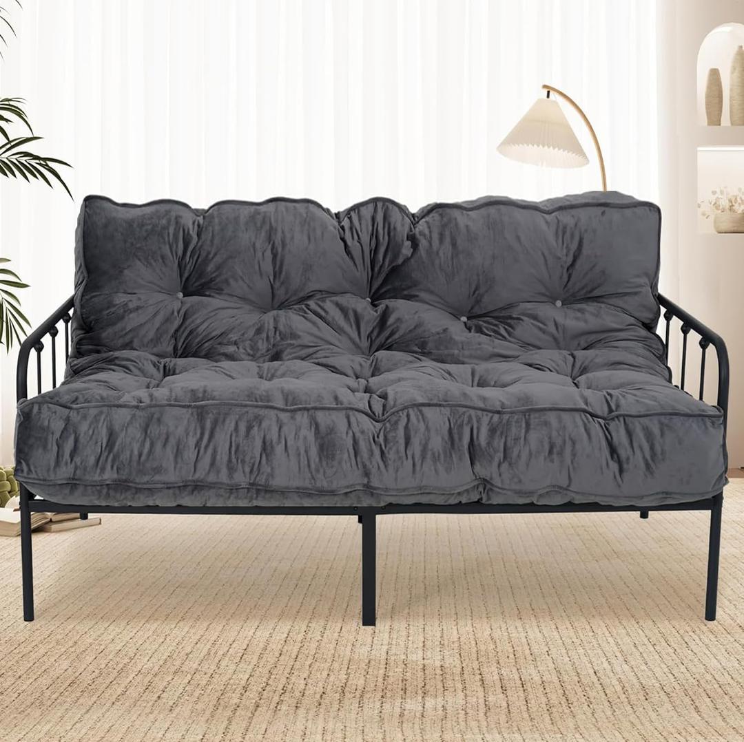 8 Futon Mattress Full Size, Extra Thick Foldable Futon Sofa Bed Couch, Shredded Foam Filling Floor Mattress for Adults with No Assembly Needed, Frame Not Included - Dark Grey