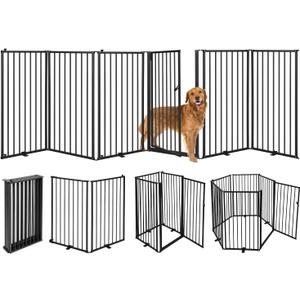 6 Panels Metal Freestanding Dog Gates with Door,120''W Detachable Foldable Dog Fence Indoor Outdoor Puppy Gate, 32''H Free Standing Tall Pet Gate for Doorways,House,Stairs,Porch,Deck,Yard